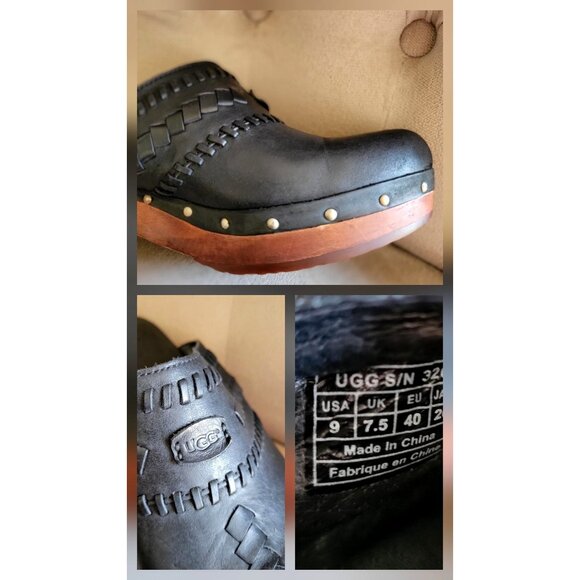 Ugg Vivica Womens Black Leather & Wood Studded Clog Mules Size 9 - Picture 5 of 9